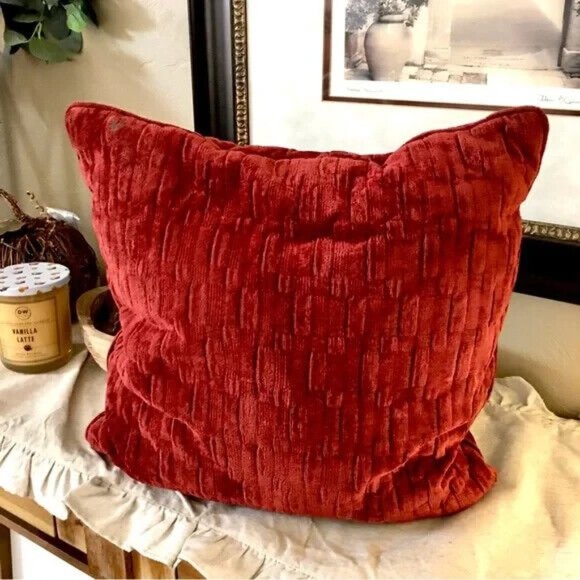 Maroon velour square pillow - autumn fall farmhouse home decor - plush c… - Picture 2 of 2